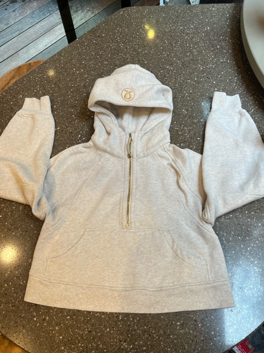 Lululemon Light Heathered Gray Half-Zip Hoodie with Gold Logo